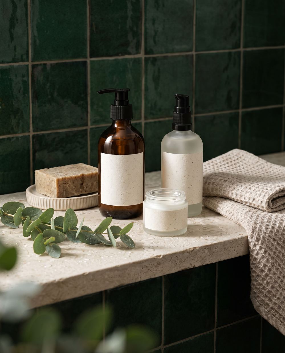 Amber and frosted glass bath bottles, soap and towel on a stone ledge