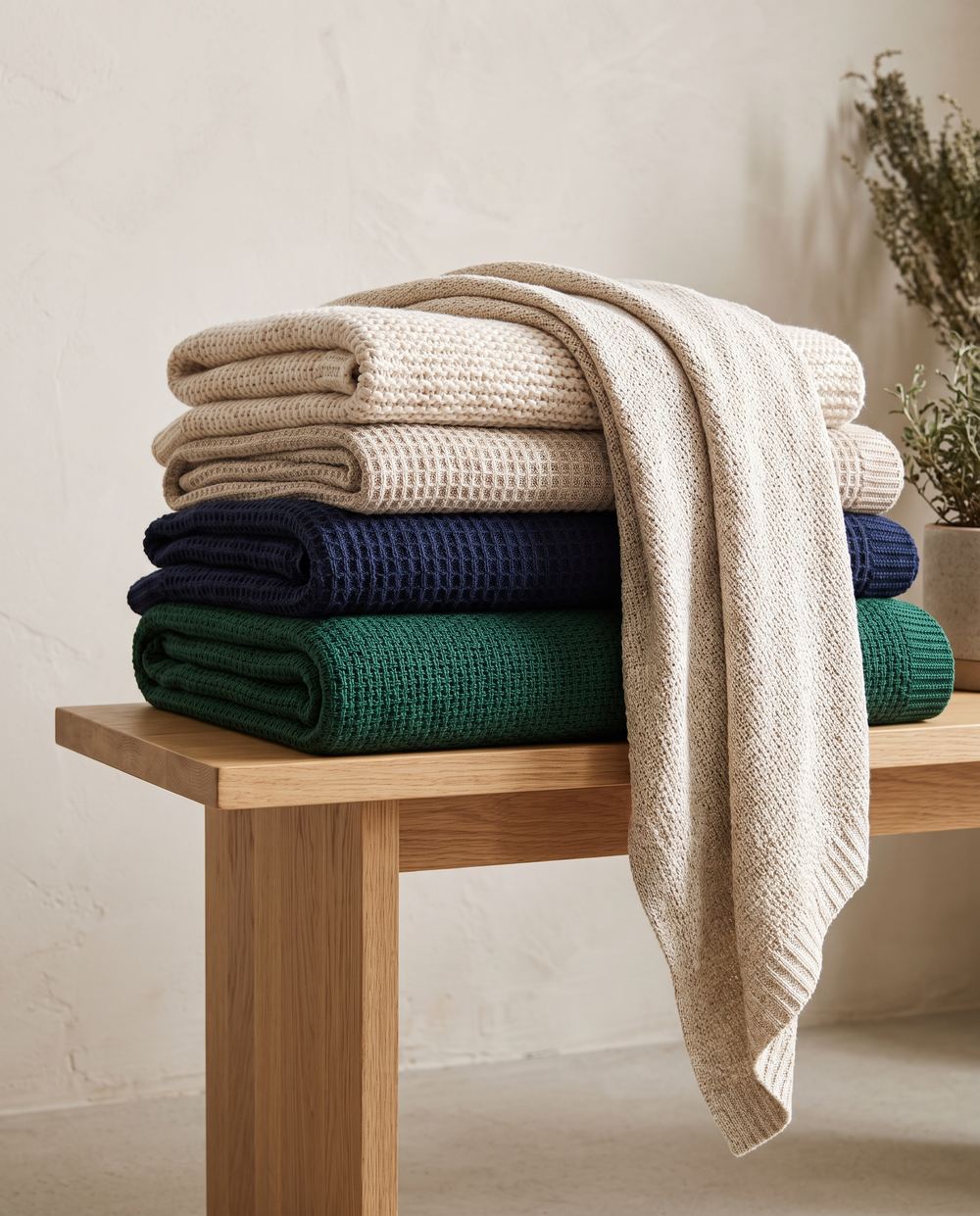 Folded knit throw blankets in cream, navy and green on an oak bench