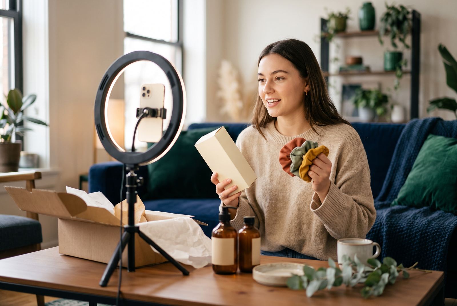 A creator films a product unboxing on her phone