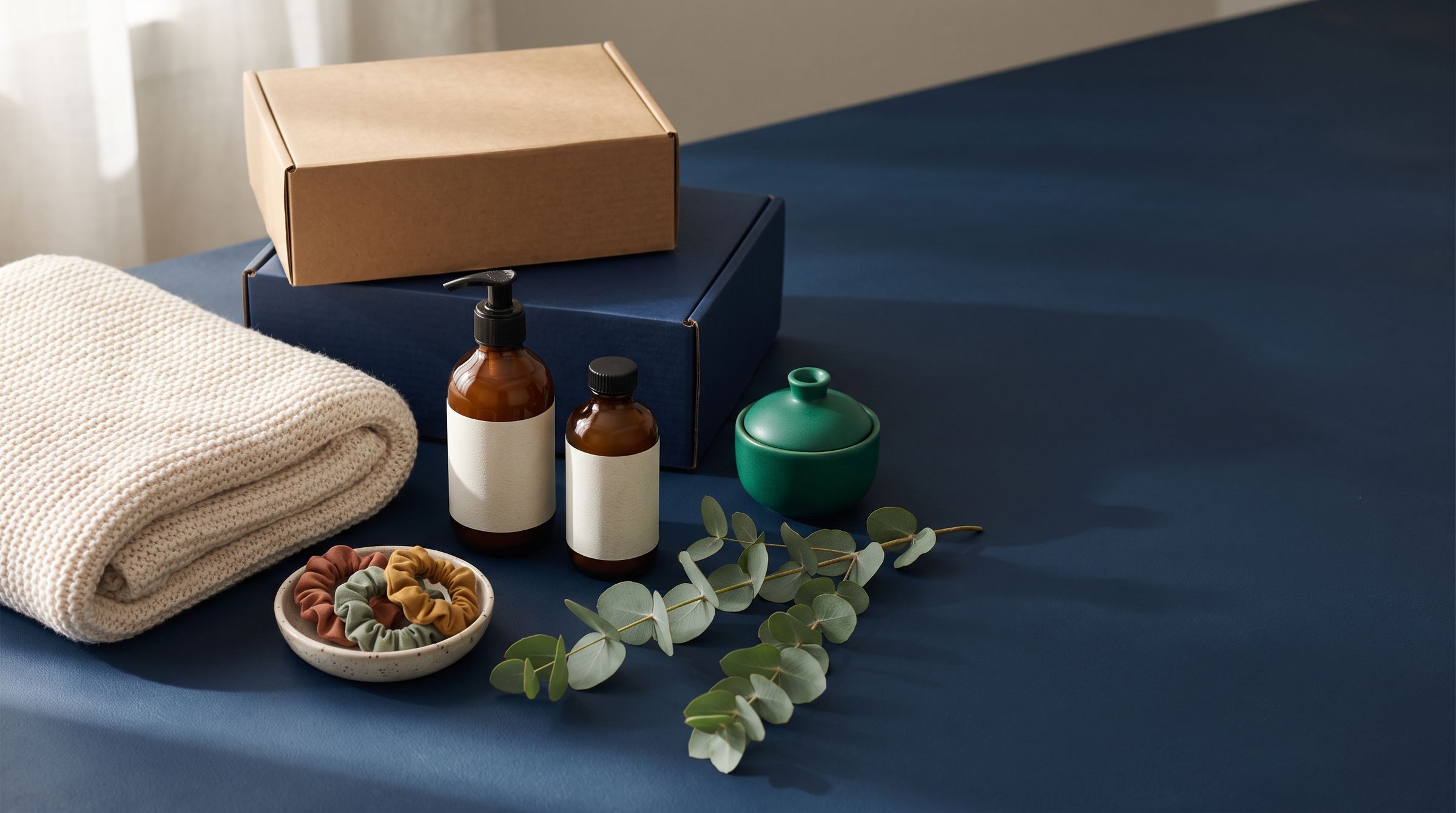 Still life of finished products: folded knit throw, amber bath bottles, fabric hair ties and shipping boxes on a navy surface