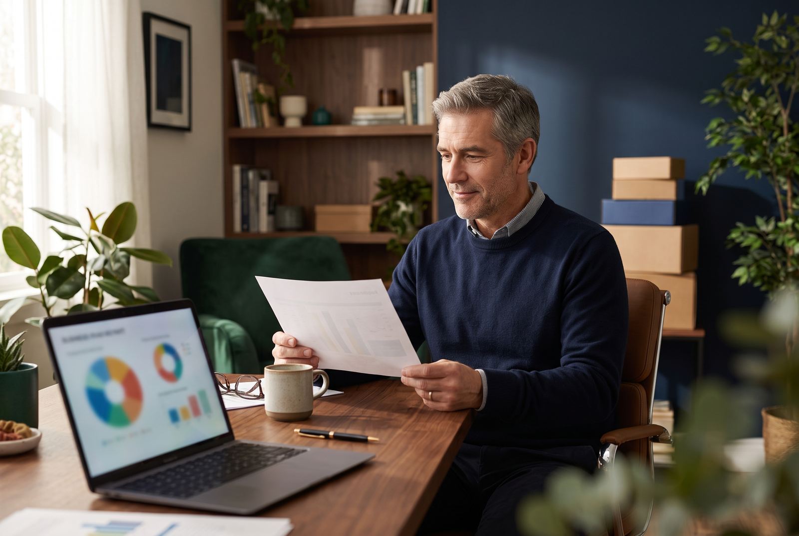 A business owner reviews a printed monthly report and a dashboard at his desk