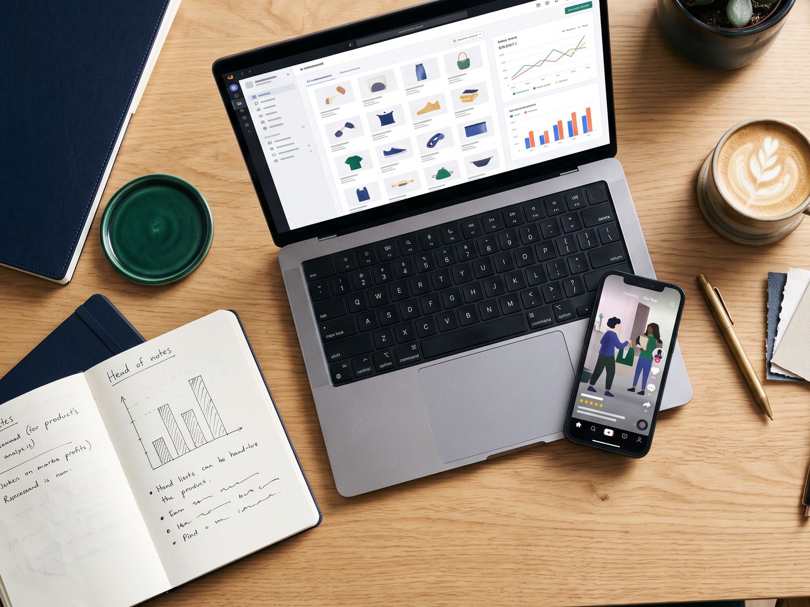 Product research on a laptop: a marketplace product grid and sales charts, with a social shopping feed on a phone