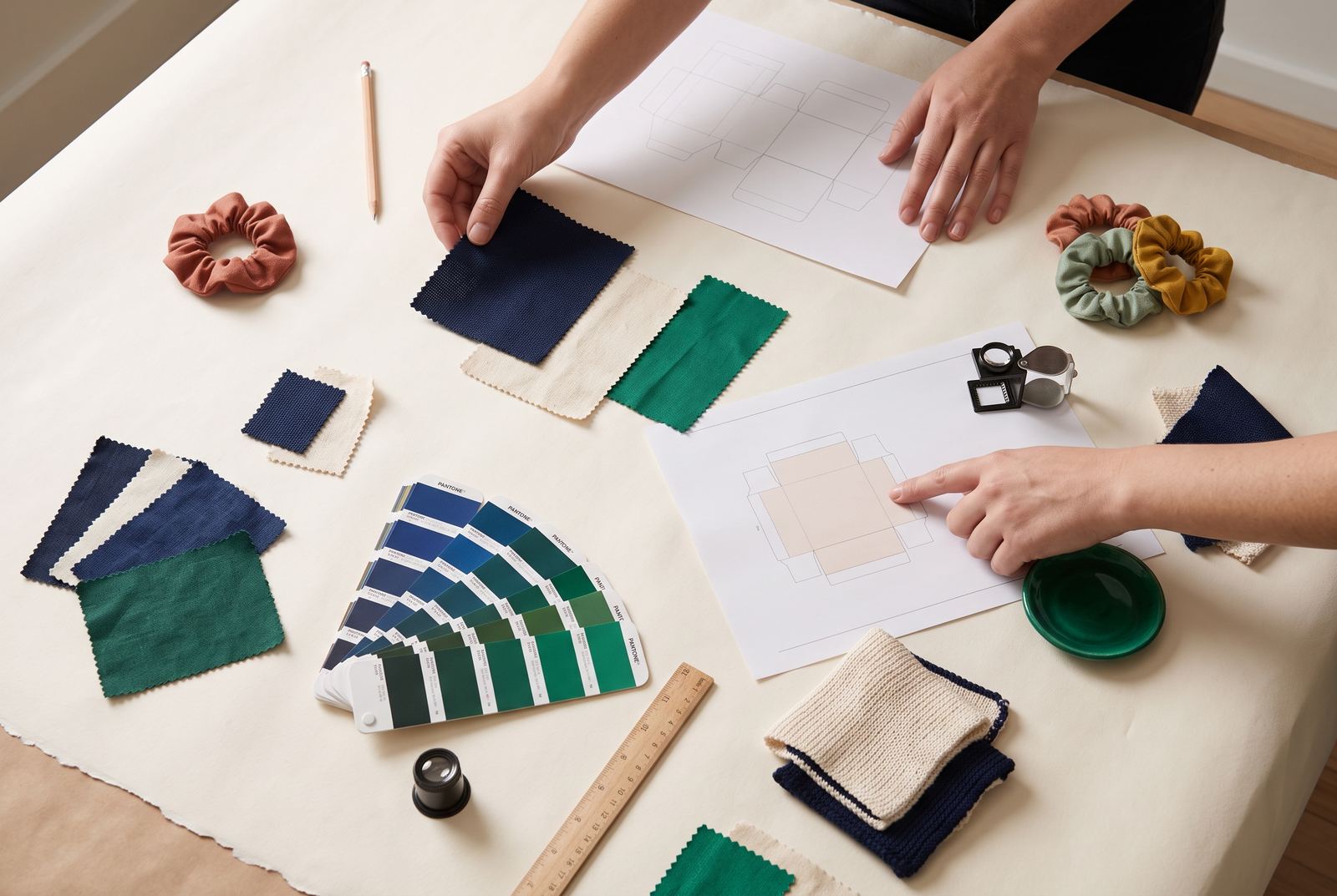 Fabric swatches, colour chips and packaging proofs on a design table